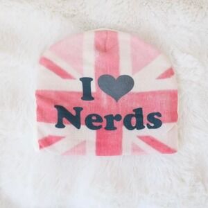 pink union jack i ❤️ nerds beanie